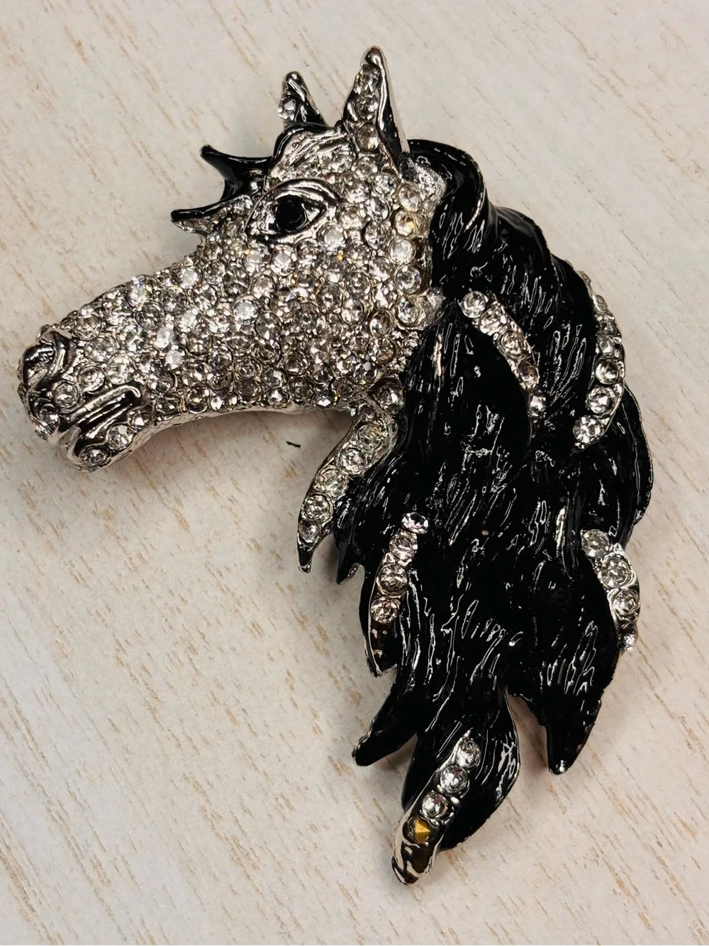 Black & Silver Rhinestone Horse Head Brooch Pin – Equestrian Statement Jewelry